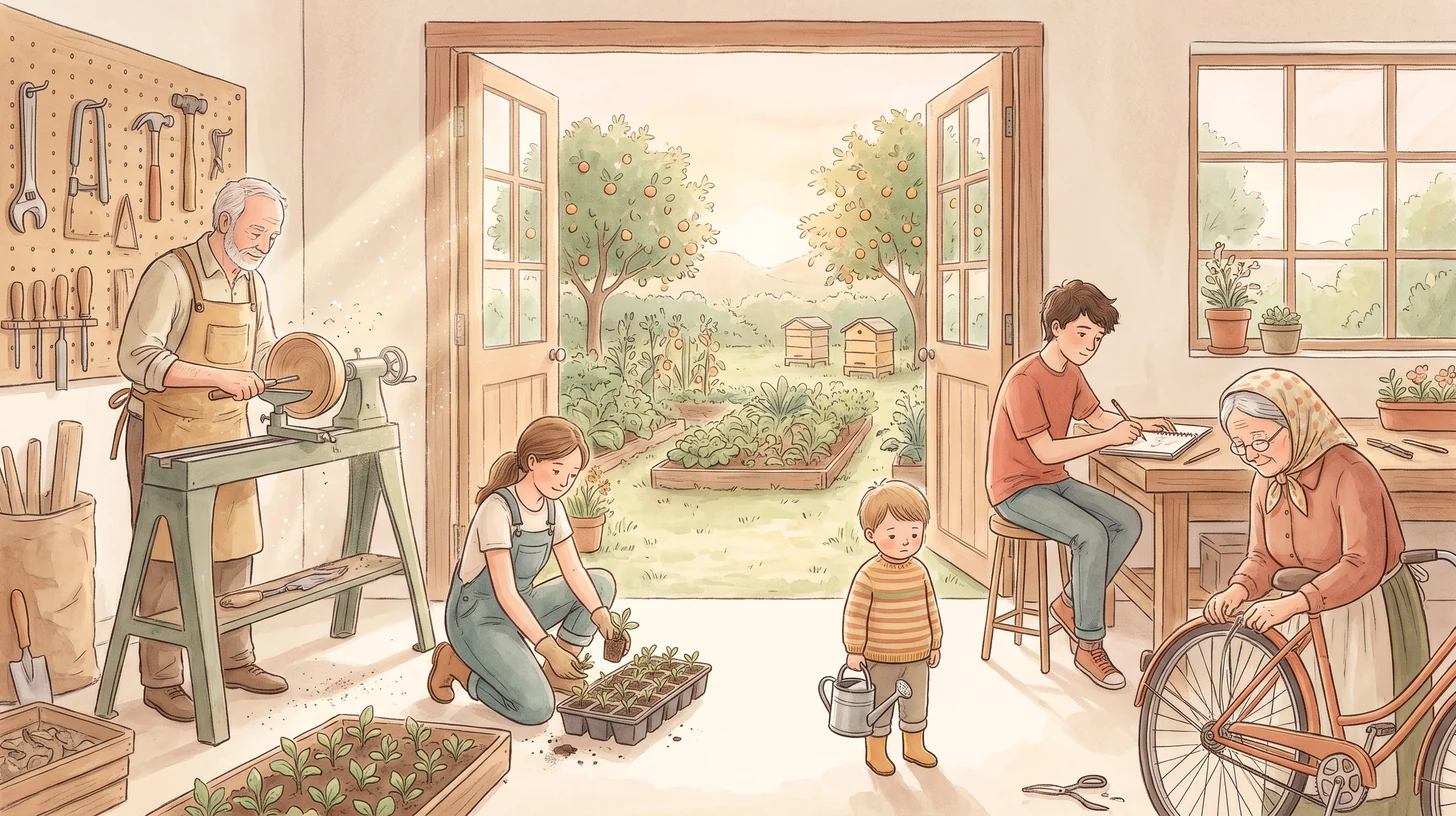A sunlit workshop and garden where people of different ages are absorbed in work nobody assigned them