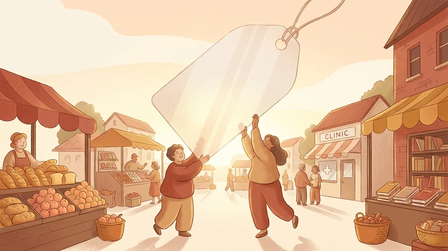 Neighbors lifting a giant blank price tag away from a thriving market square