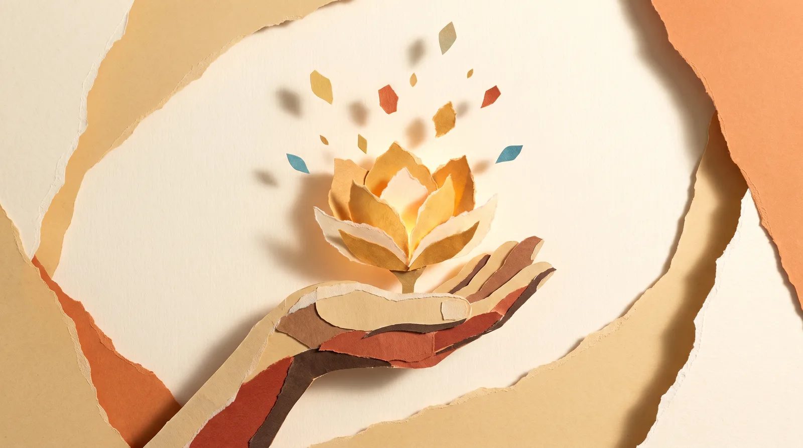 A papercut hand with a blooming reward of light