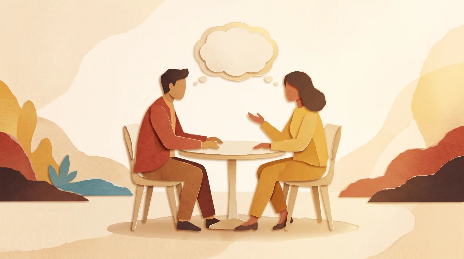 Two papercut figures in respectful conversation