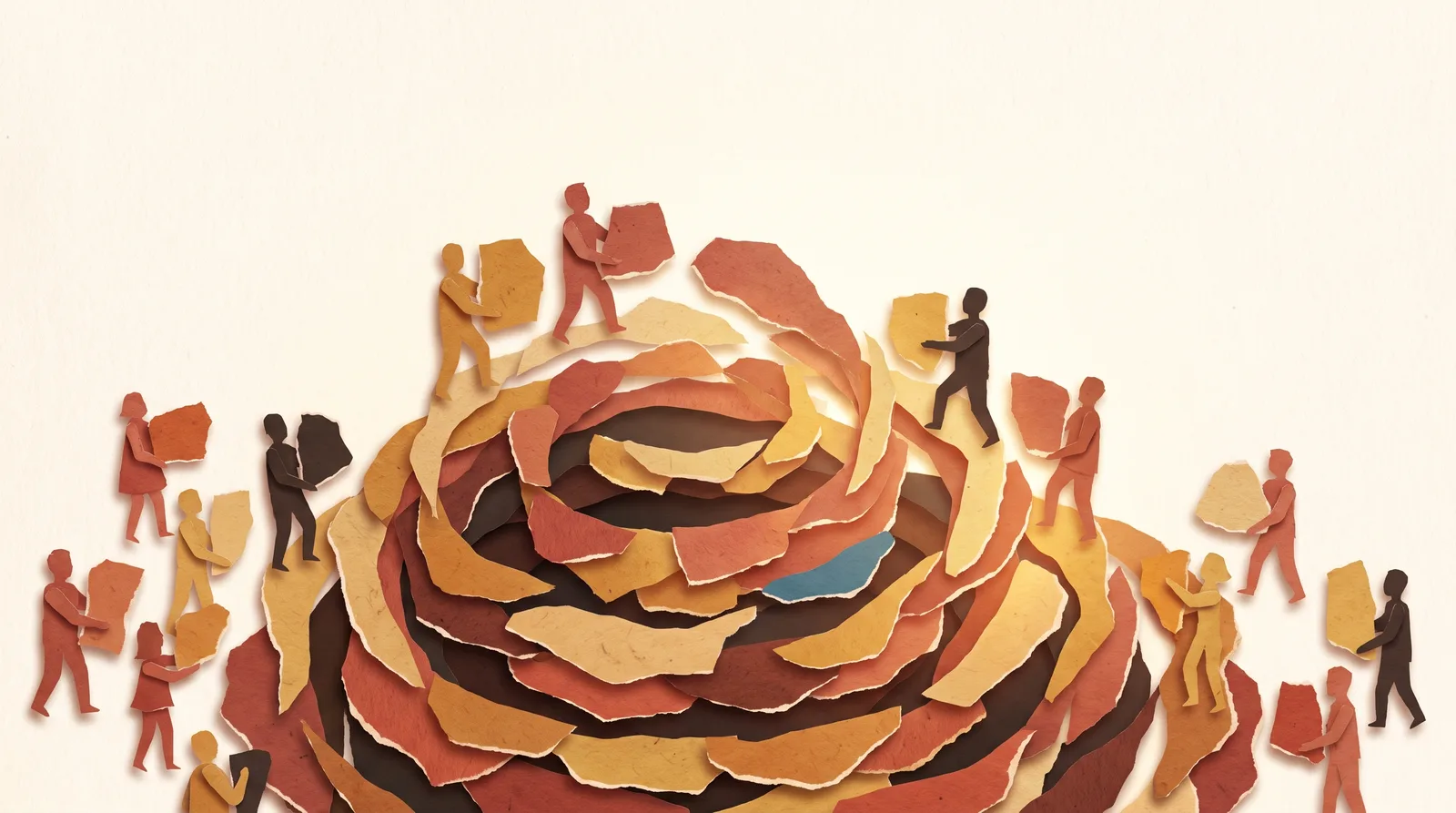 Many small papercut figures building one structure together