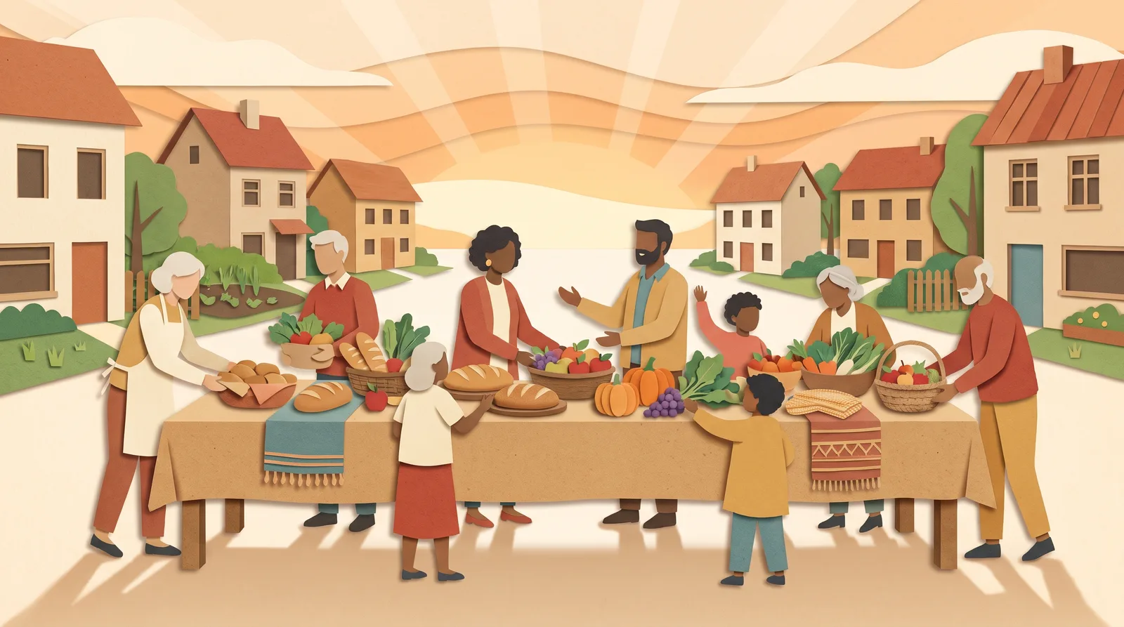 A warm village square where a long communal table overflows with food and handmade goods, freely shared