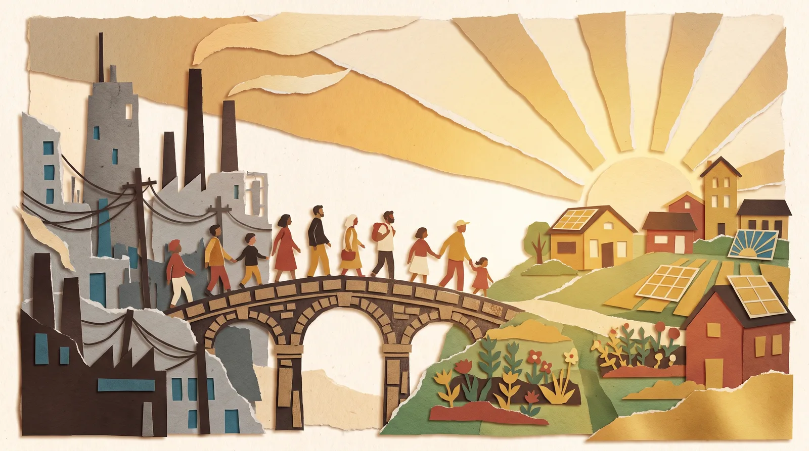 People crossing a bridge from a grey crowded city toward a green, sunlit valley of gardens and homes