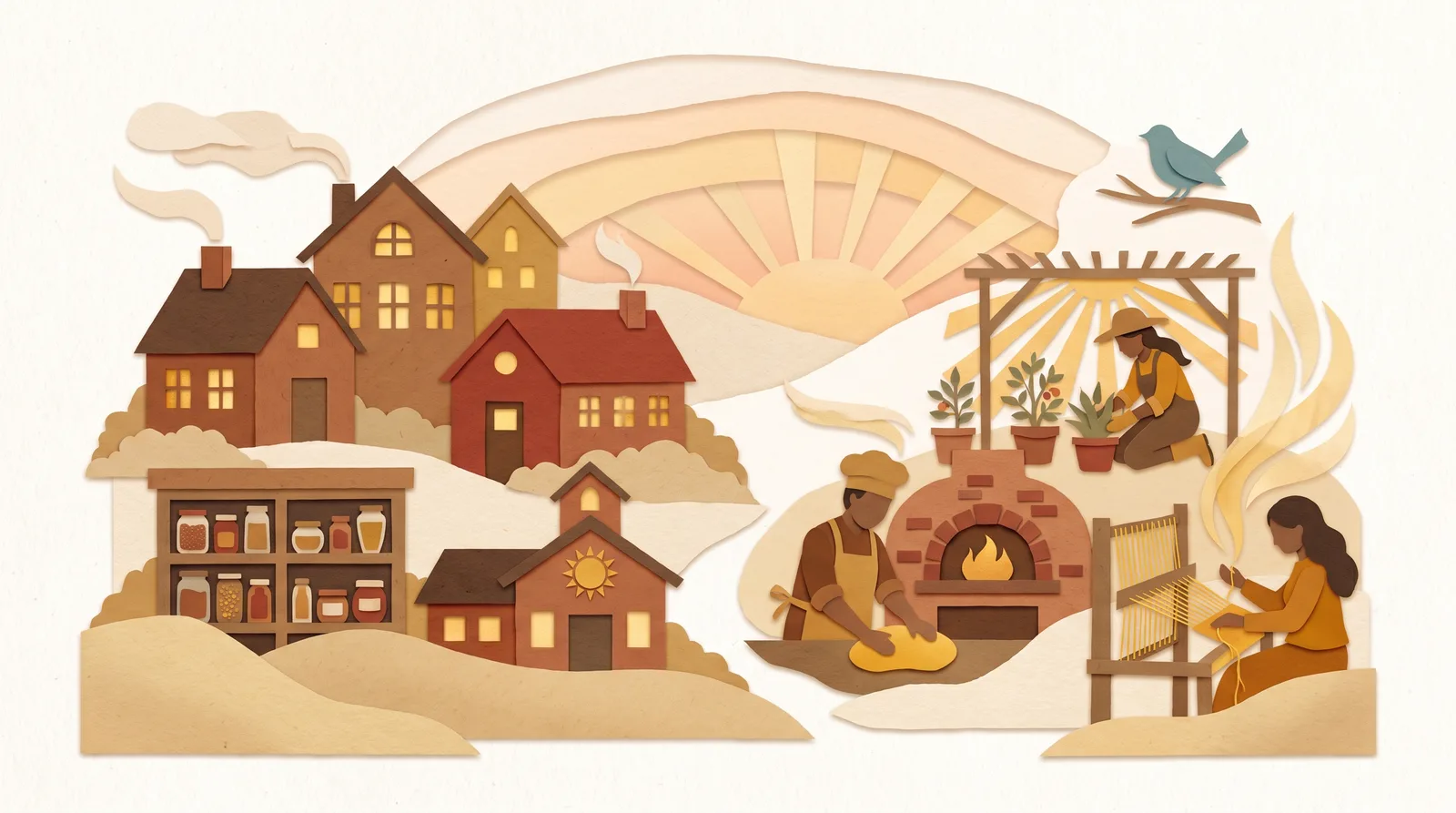 Two great cupped hands cradling a thriving little town — homes, a garden, a school and a clinic